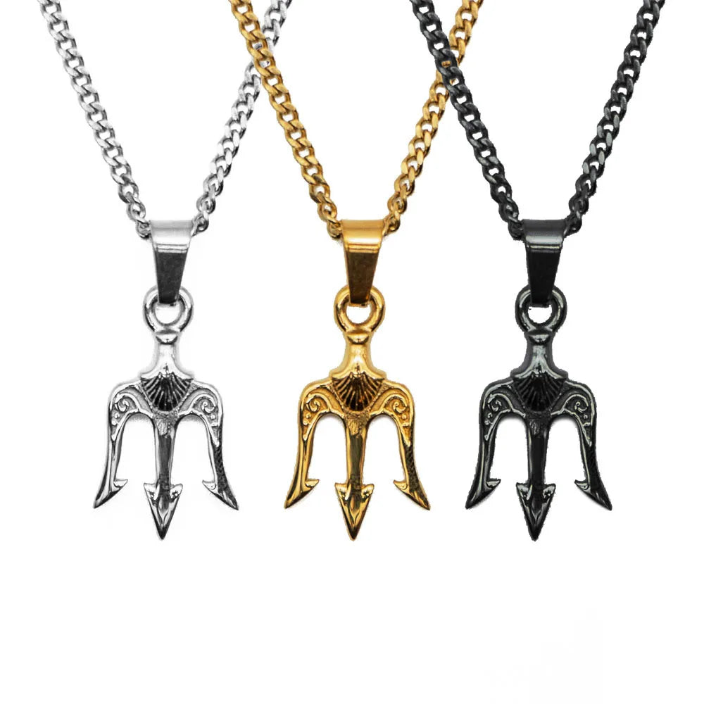 Streetwear PVD Gold 18mm Trident Pendant Necklace for Men Stainless Steel Greek Jewelry Roman God Neptune Trident Necklace