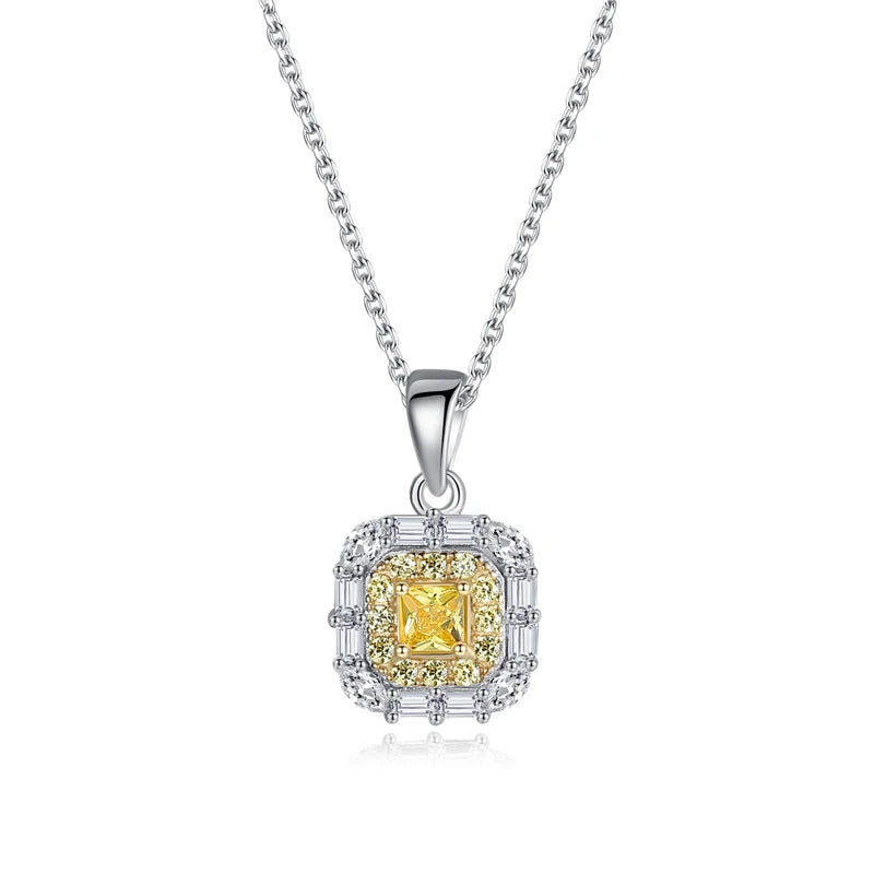 CZCITY Beautiful Square Yellow Topaz Pendant Sterling Silver Chain for Women's Elegant Necklace