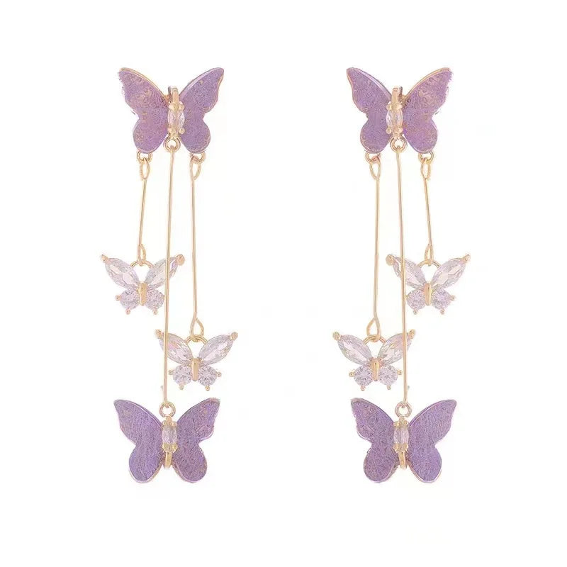 Luxury 925 Silver Needle Butterfly Dangle Earrings Purple Crystal CZ Butterfly Tassel Earrings for Women Gift
