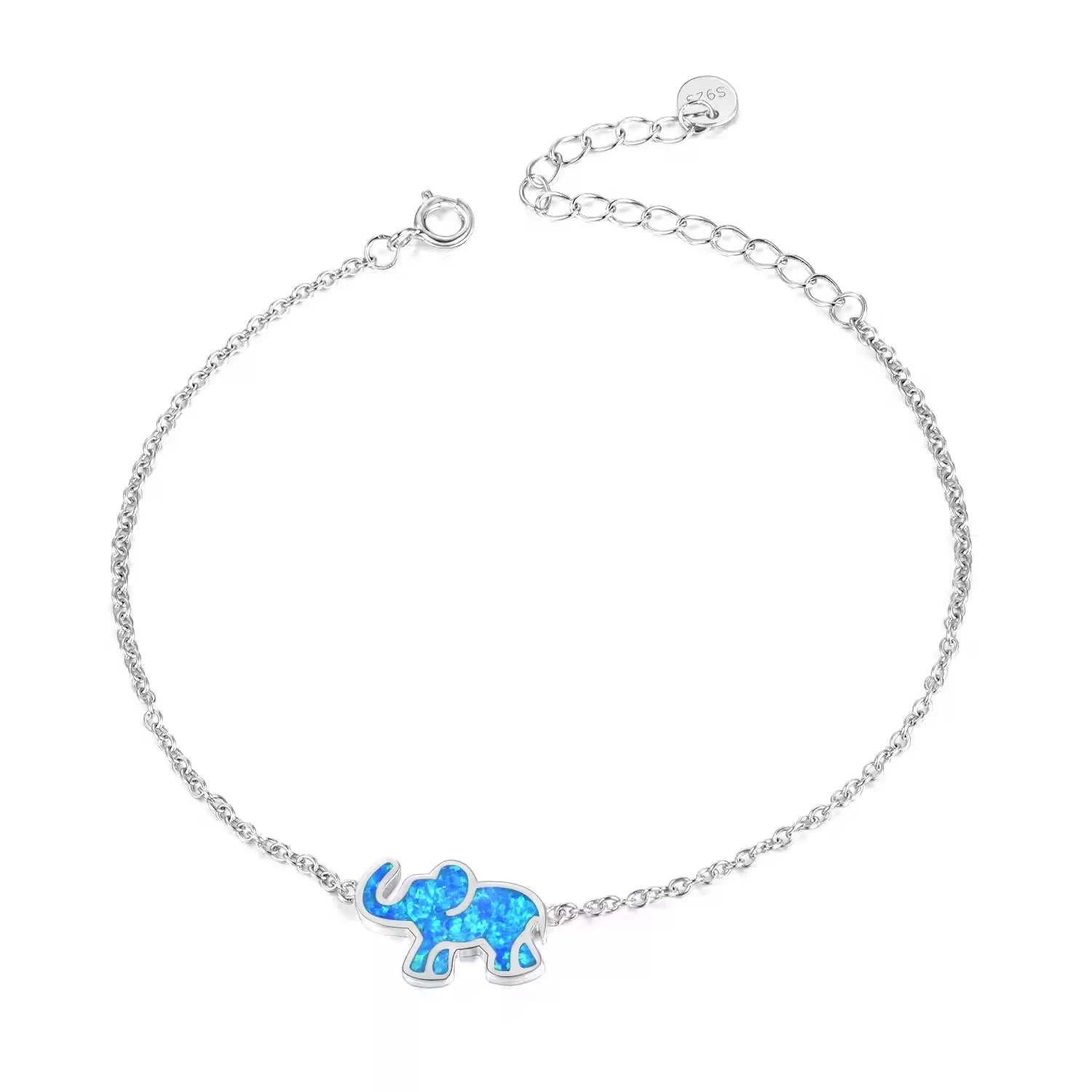 Wholesale Jewelry 925 Sterling Silver Blue Opal Cute Elephant Link Chain Bracelet