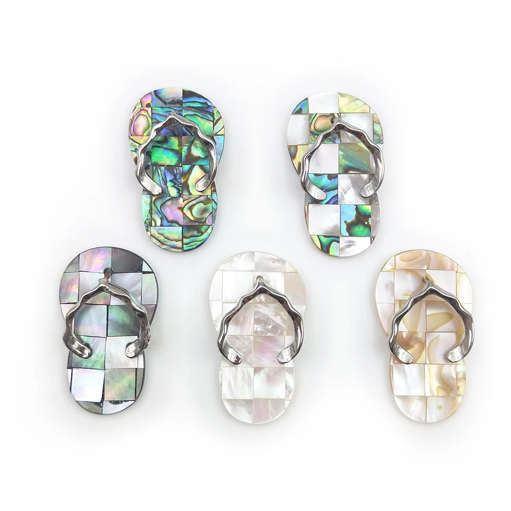 New Fashion Unique Abalone Beach Design Flip Flops Natural Crystal White Shell with Green Paua Shell Handmade Pendant MOP Charms