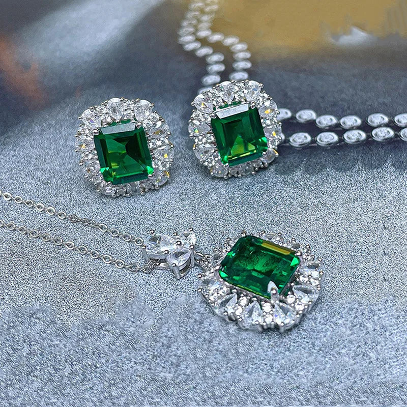 Fashion Jewelry for Women Exquisite Earrings Rings and Necklaces Luxury Emerald Copper Zircon Jewelry Set