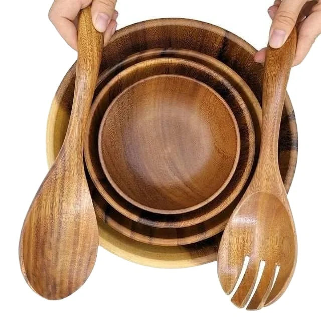 Customized logo Good Price  Acacia Wood Bowl Shallow Salad Bowl  Wooden Salad Bowl Set with Servers