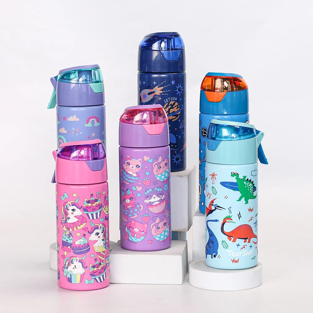 Toursun 420ml Insulated Thermos Kids Vacuum Tumbler Animals Flask Travel Mug Stainless Steel Vacuum Flask