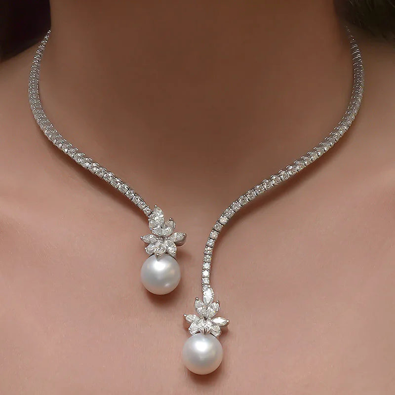 Collar De Perlas Personalized Rhinestone Pearl Choker Necklace Jewelry Party Zincon Bling Tennis Pearl Necklace for Women