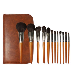 High End Powder 12pcs Eyebrow Wooden Handle Foundation Brush Wholesale Private Label Professional Makeup Brush Set Custom Logo