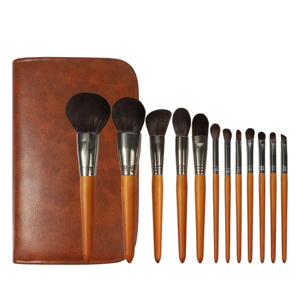 High End Powder 12pcs Eyebrow Wooden Handle Foundation Brush Wholesale Private Label Professional Makeup Brush Set Custom Logo