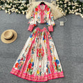 Europe and the United States Fashion Suit  Retro Lapel Lantern Sleeve Printed Long Sleeve Skirt