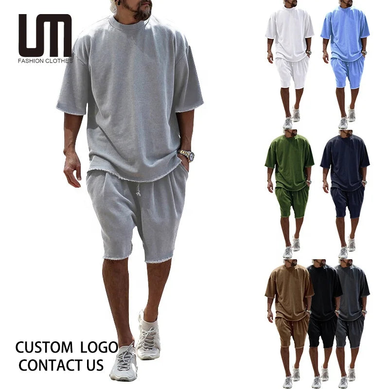 Liu Ming Custom Printed Wholesale Summer Men Casual Solid Color Loose Fitting Tracksuits Short Sleeve T Shirt Shorts Sets