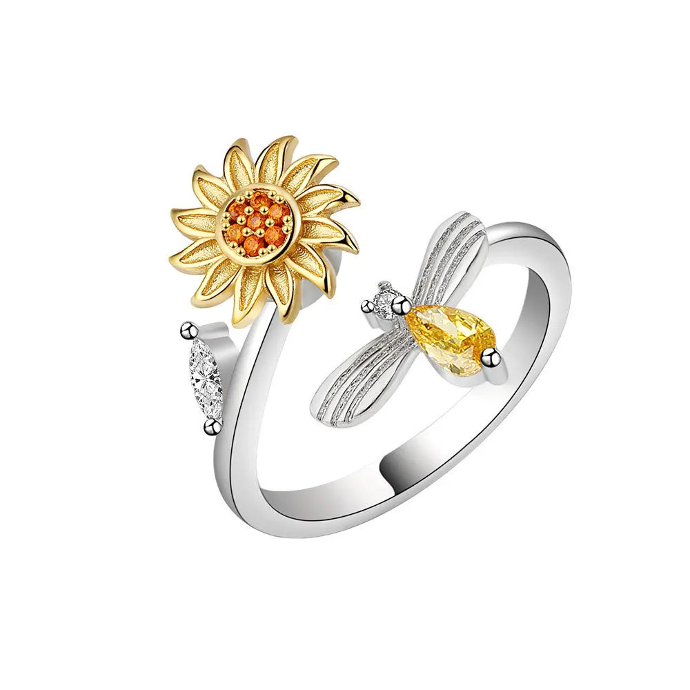 QS663 Popular S925 Sterling Silver Diamond Fidget Rings Sunflower Ring Anxiety Spinner Ring