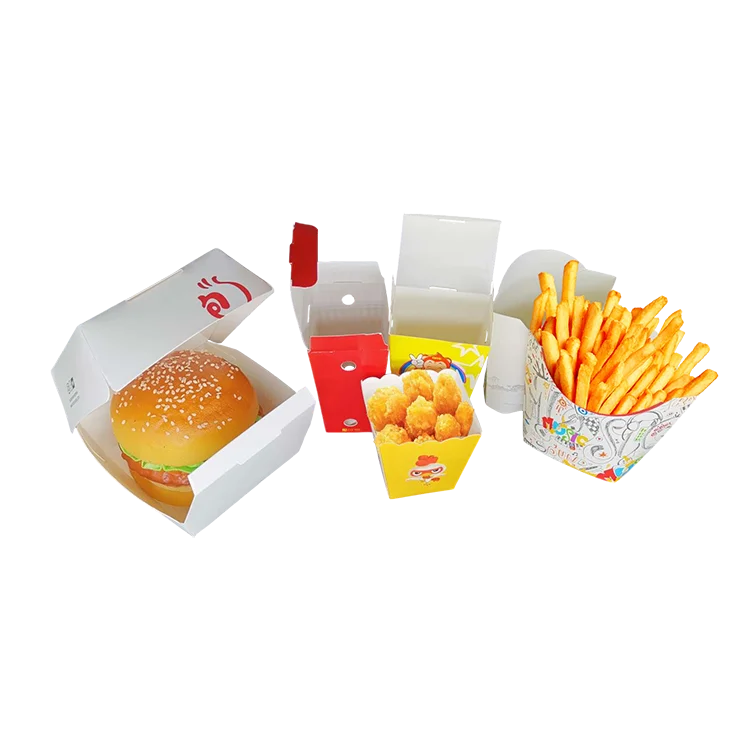 Food Grade Fast Food Packaging Box Paper Carton Para Guarder Disposable Hamburger Paperboard White Red French Fries Box