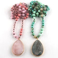 Fashion Women Custom Jewelry Natural Stone Knotted  Gemstone Necklace Crystal Glass Beads Alloy  Drop Pendant Necklace
