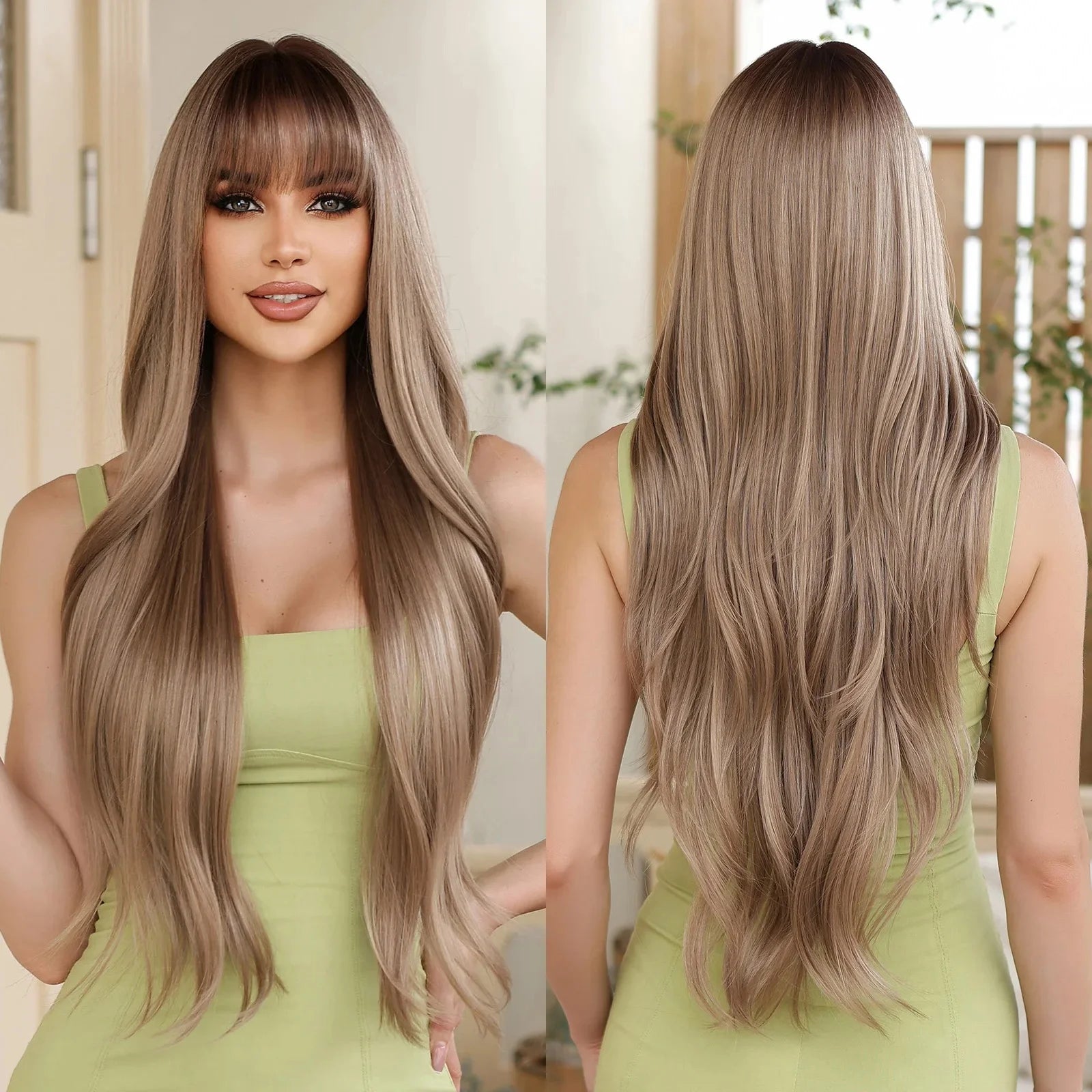 Immediate Delivery Long Body Wavy Brown Wig Ombre Synthetic Hair Wig with Bangs Heat Resistant Fiber Wig Women Soft Daily Hair