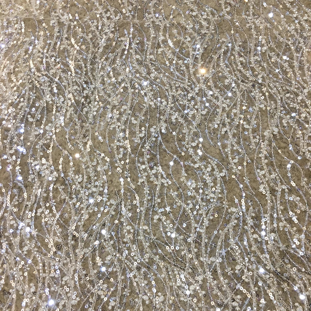 New Luxury Champagne French Net Lace for Wedding Gowns Shiny Sequins Silver Glitter Beaded Lace Fabric