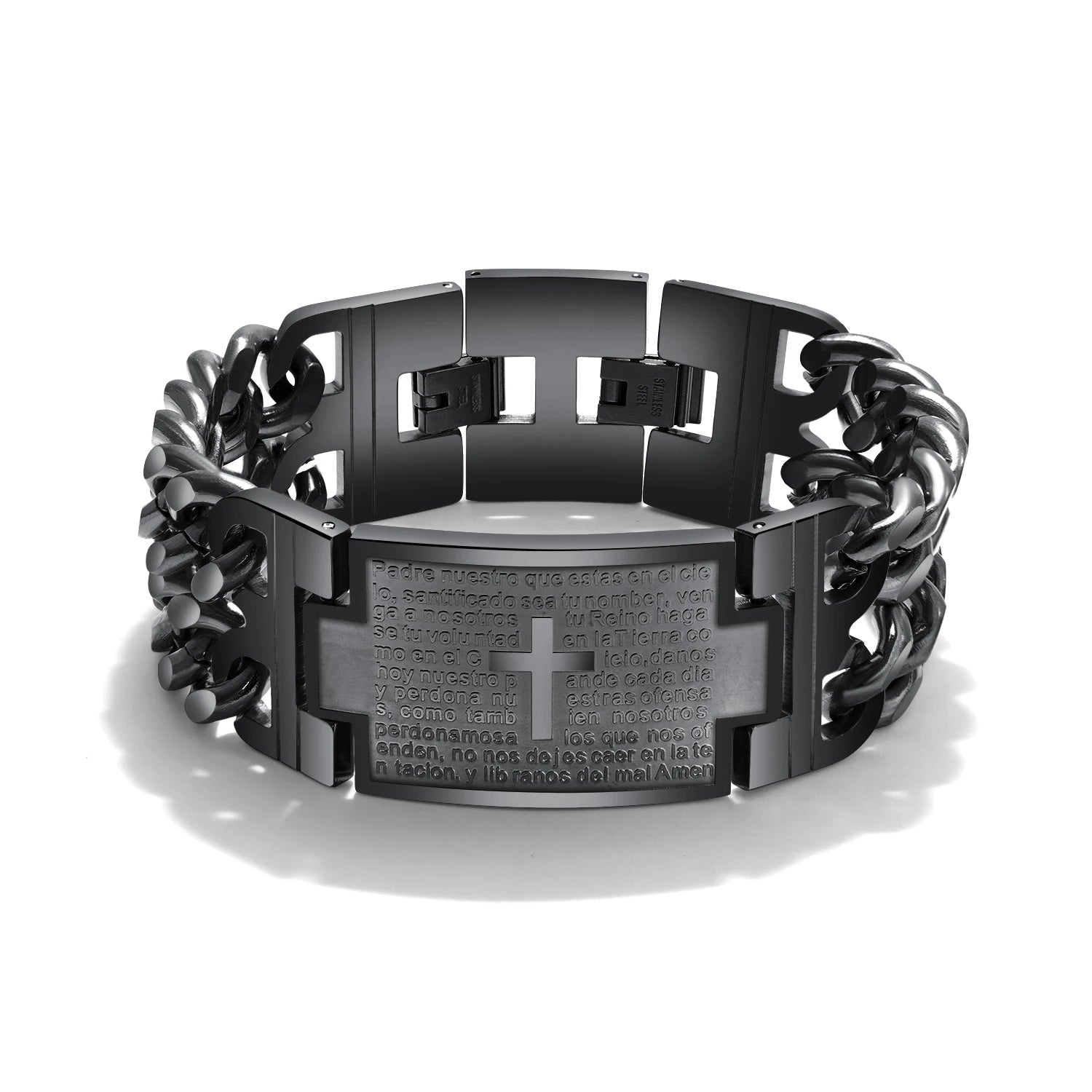 High Quality Stainless Steel Electroplated Gold Black Punk Christian Charm Bracelet Embossed Cross Double Row Chain Cool Hipster