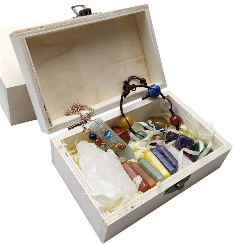 Wholesale Natural Crystal Point Wand Chakra Pendulum Bead Bracelet Wood Gift Box Selenite Tower Crystals Kit Wooden Box