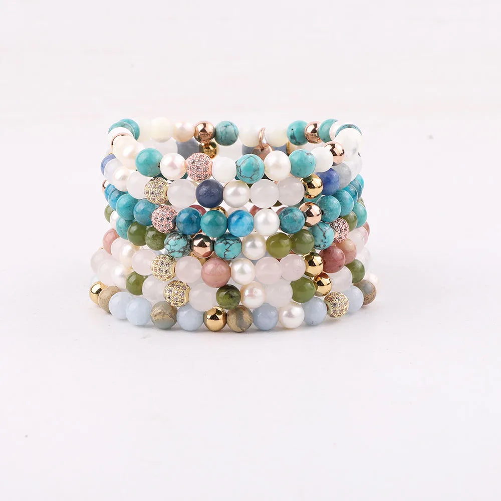 New Unique Design 6mm Natural Stone CZ Ball Real Pearl Stainless Steel Beads Gemstone Jewelry Bracelet for Women JBS12363