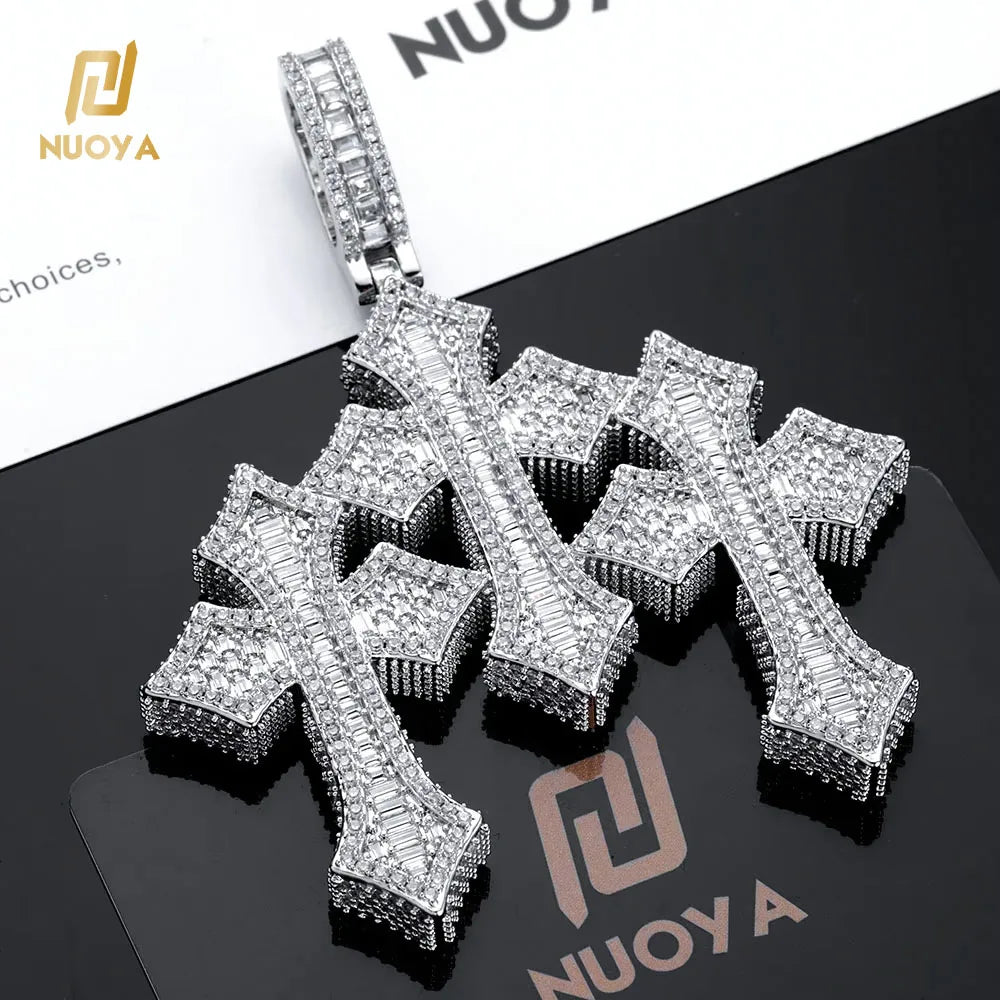 NUOYA Fine Jewelry Pass Diamond Tester Large Hip Hop Pendant for Men Women Iced Out Baguette Moissanite Three Cross Pendant