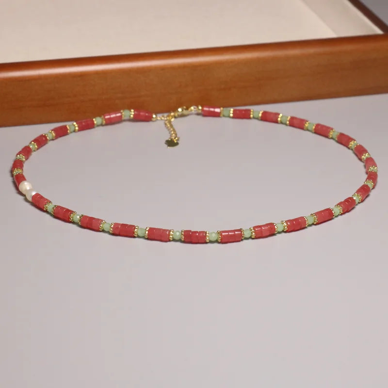 Minimalist Natural Redstone Abacus Beaded Necklace for Women 14K Gold Plated Healing Crystal Necklace Fashion Jewelry Wholesale