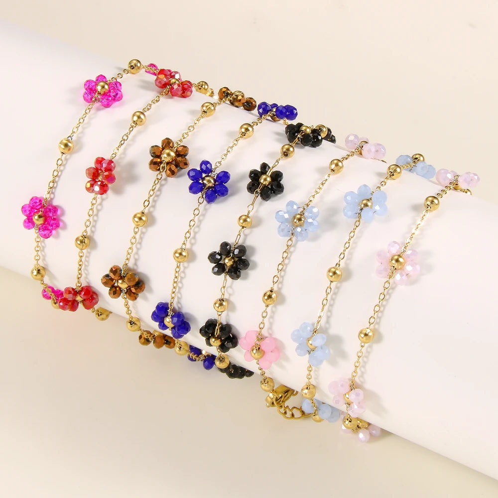 Fashion Handmade Beaded Stainless Steel Chain Rainbow Beads Flowers Chain Charm Bracelet for Girls Women