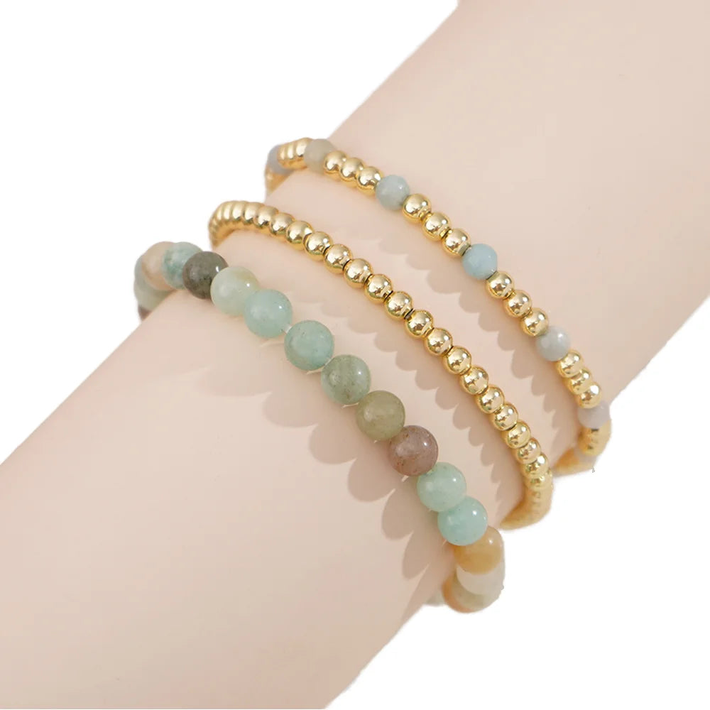 Go2boho 14K Gold Plated Natural Stone Beaded Bracelets Stackable Elastic Healing Crystal Fashionable Women's Jewelry Gift Set