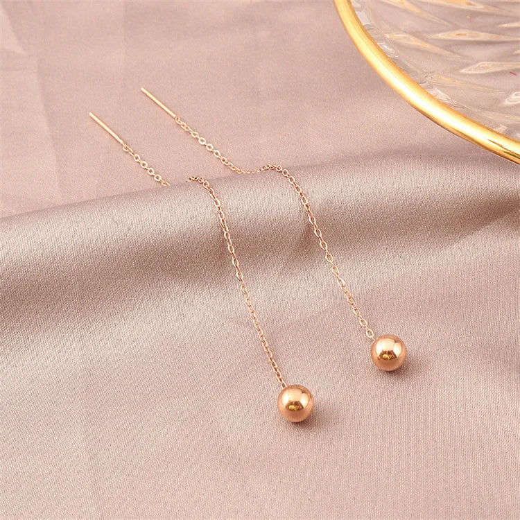 Wholesale Simple Titanium Steel 18k Gold Women Tassel Korean Earrings Ball Gold Dangle Threader Earrings
