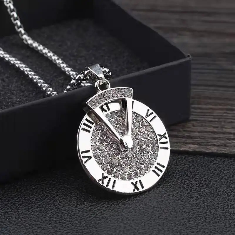 DAIHE Fashion Roman Numeral Stainless Steel Pendant Necklace Simple Rotatable Rhinestone Sweater Chain Jewelry