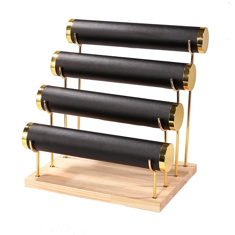 New 4 -bar Wood Gold Metal Jewelry Bracelet Bangle Watch Hairband Display Prop Rack