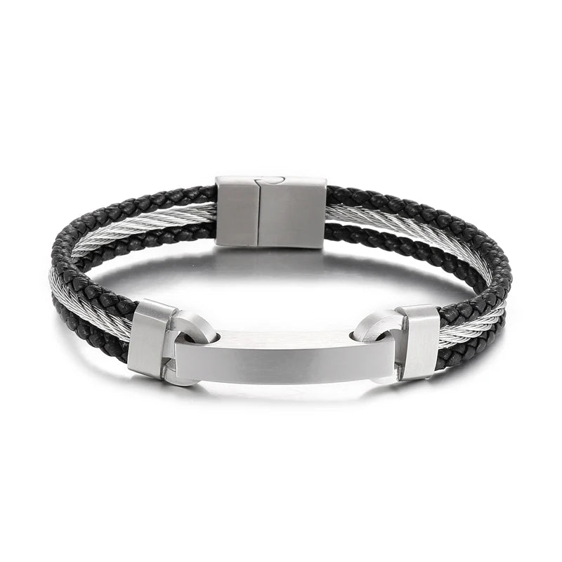 KALEN Mens 200mm Casual Stainless Steel&Double Skin Leather Cuff Bracelet