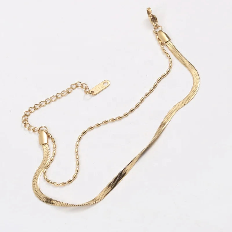 Hot Selling 18K PVD Plating Stainless Steel 2 Layers Rice Grains Bead Chain Flat Snake Chain Bracelet for Women