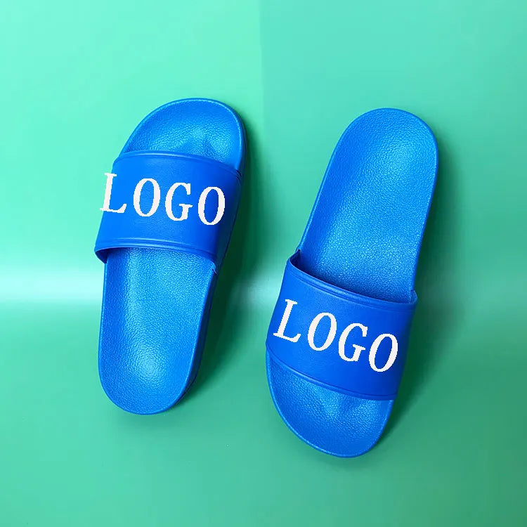 America Hot Selling Blue PVC slippers Indoor Bath Home Sliders Custom Slides with logo Manufacturer Print Soft Beach Sandals