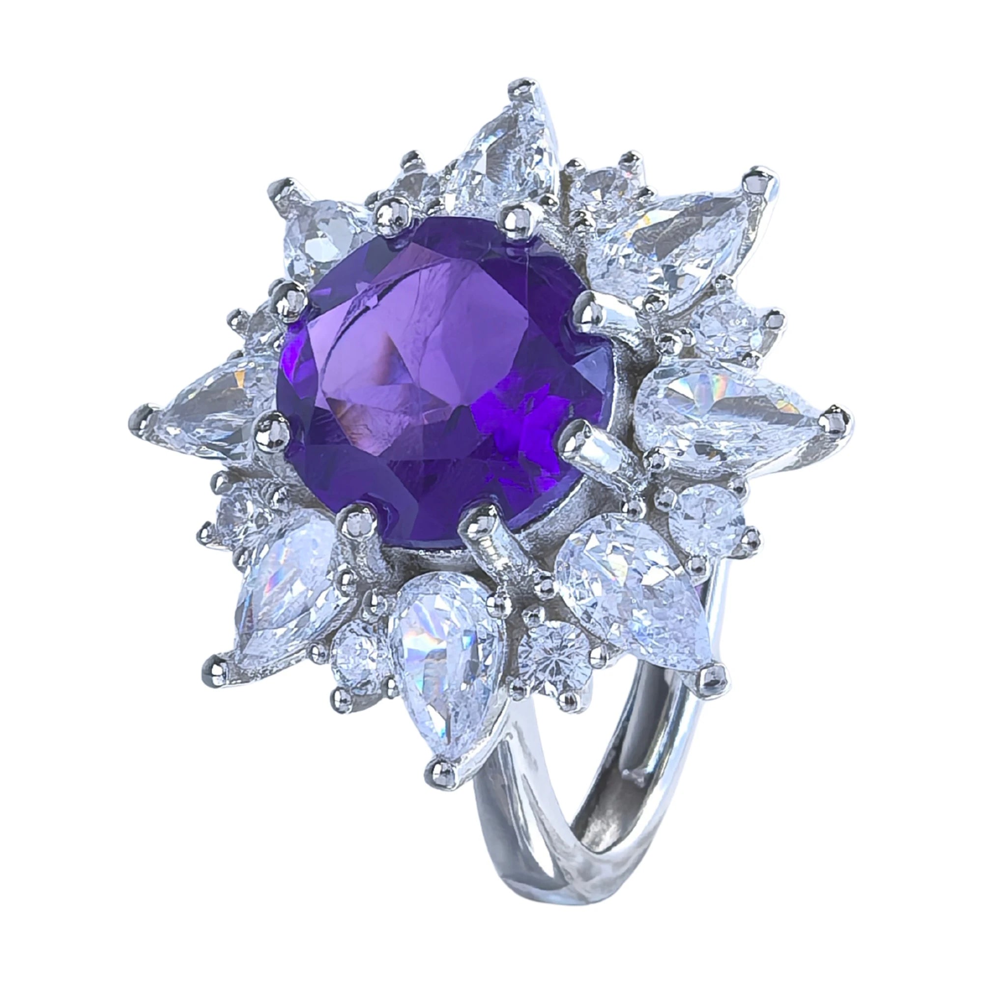 Factory Wholesale Rhodium Plated 925 Sterling Silver Round Cut Natural Amethyst Flower Ring for Women Gift Daily Wear