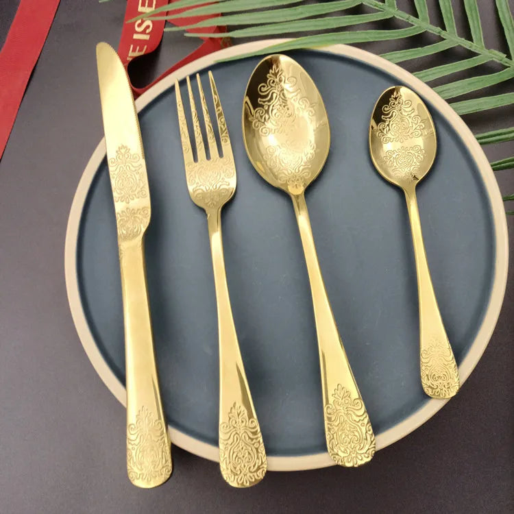 Hot Selling Stainless Steel Set Gold Cutlery Flatware Sets Fork and Spoon Luxury Flatware 4 Pcs