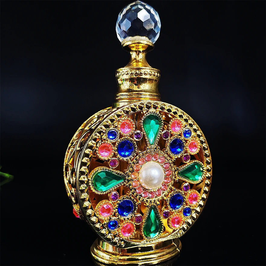 Wholesale 15ml Gold Green Pink Blue Dubai Arab Shaped Glass Metal Essential Oil Perfume Bottle