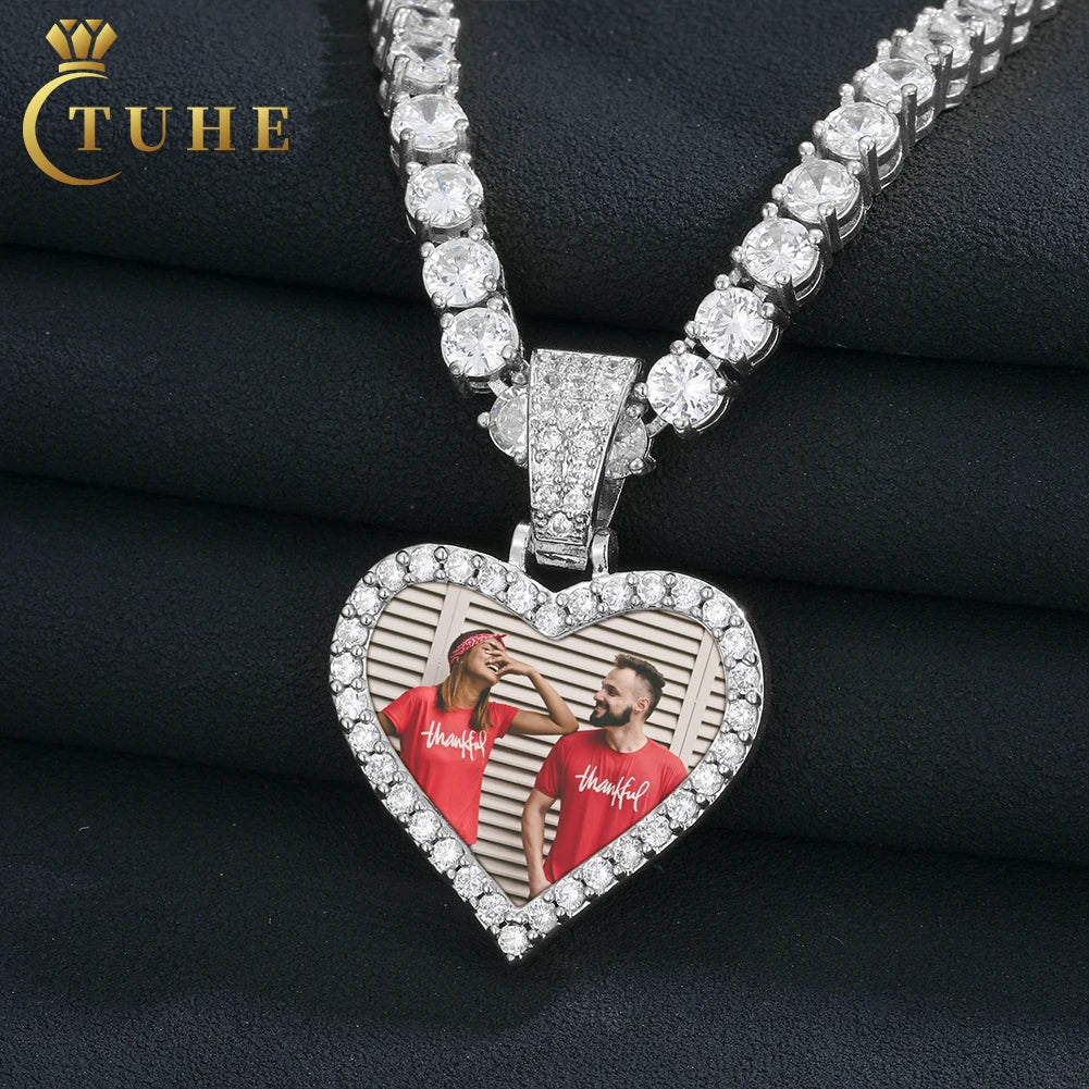 Wholesale Price Jewelry 25mm Gold Plated Brass AAAAA CZ Diamond Iced Out Heart Custom Photo Pendant Picture Necklace