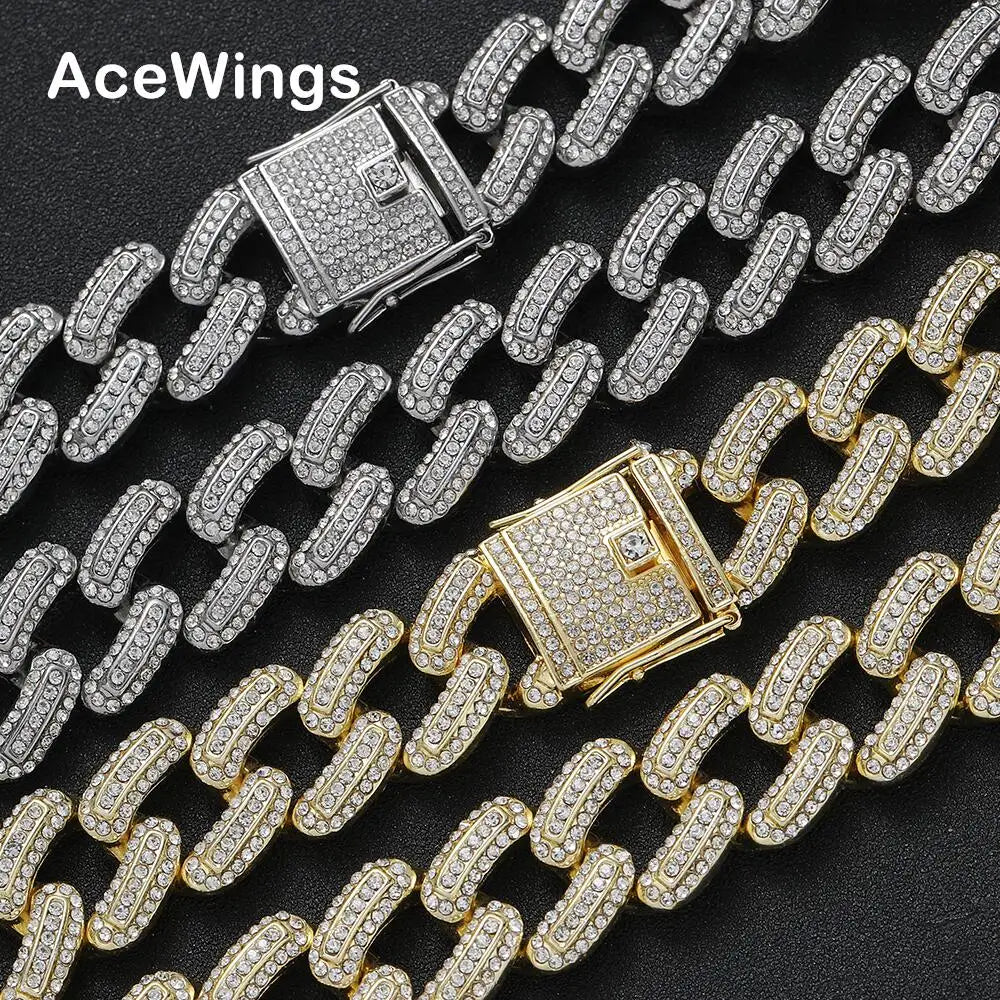 AC027 Hip Hop Necklace Men's 20MM Chunky 3 Rows Crystal Cuban Chain Necklace Party Gift