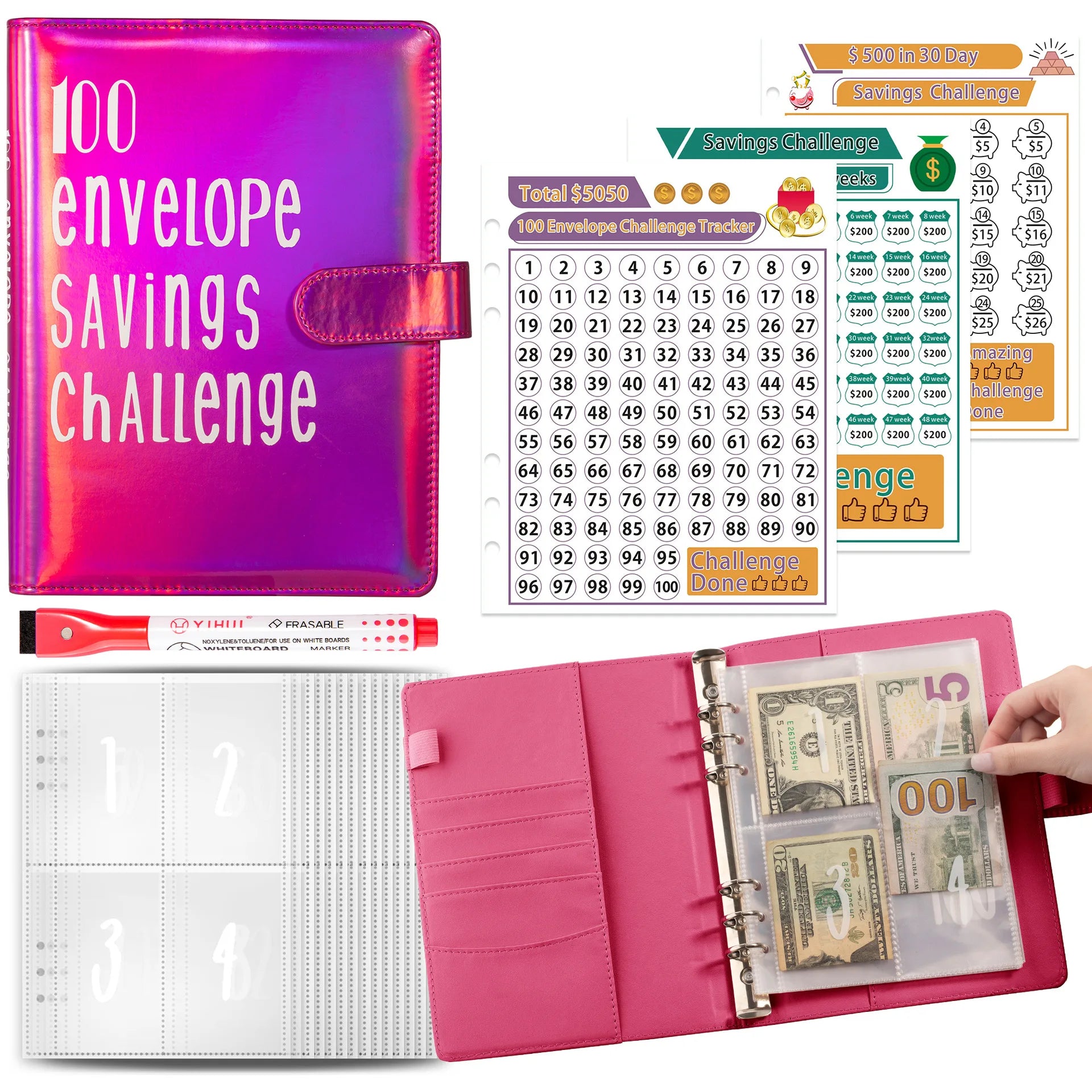 Wholesale 100 Envelope Savings Challenge Binder A5 PU Leather Budget Binders with Inserts Money Saving Wallet for Budgeting