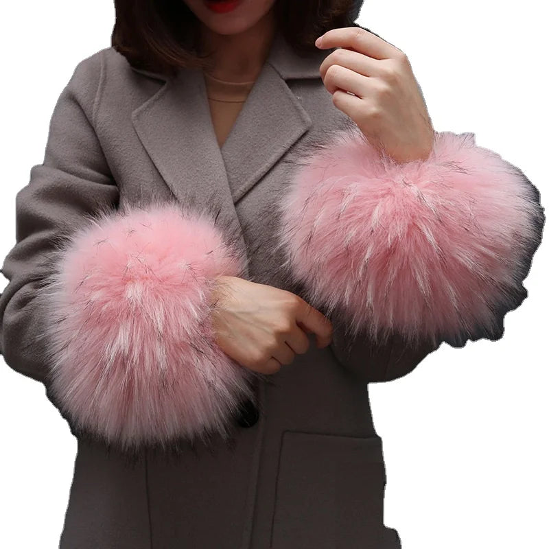 Winter Warm Women Fake Raccoon Fox Fur Sleeve Cuffs Wrist Ring Raccoon Fur Cuffs for Fashion Parka Coat Jackets Decoration