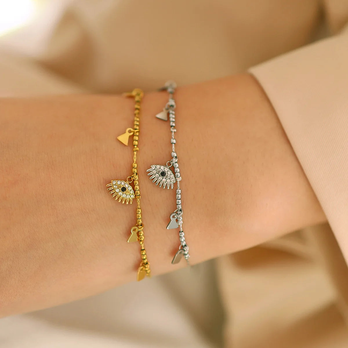 Personalized Style Jewelry 18K PVD Gold Plated Devil's Eye Tassel Beads Zircon Stainless Steel Bracelet