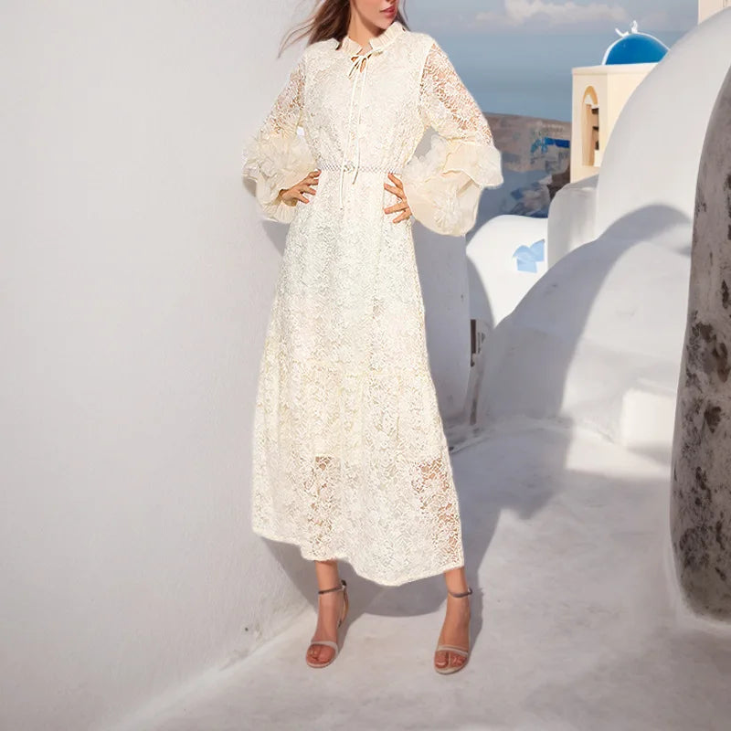 Retro French Style 2024 Spring New Three-dimensional Mesh Waist Long Embroidered Solid Color Dress for Women