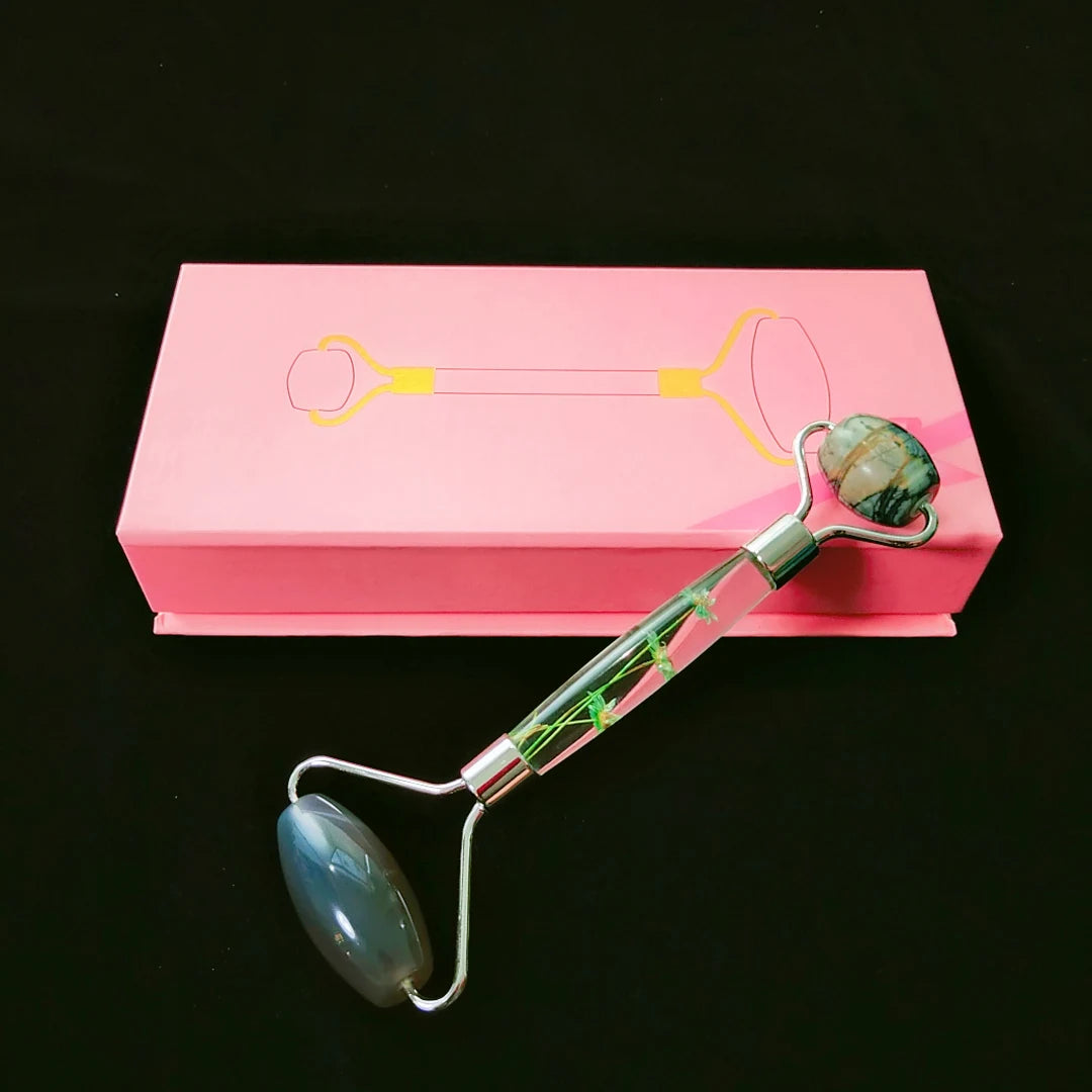 Huiying Gray agate flower handle facial roller best seller beauty rolling stones