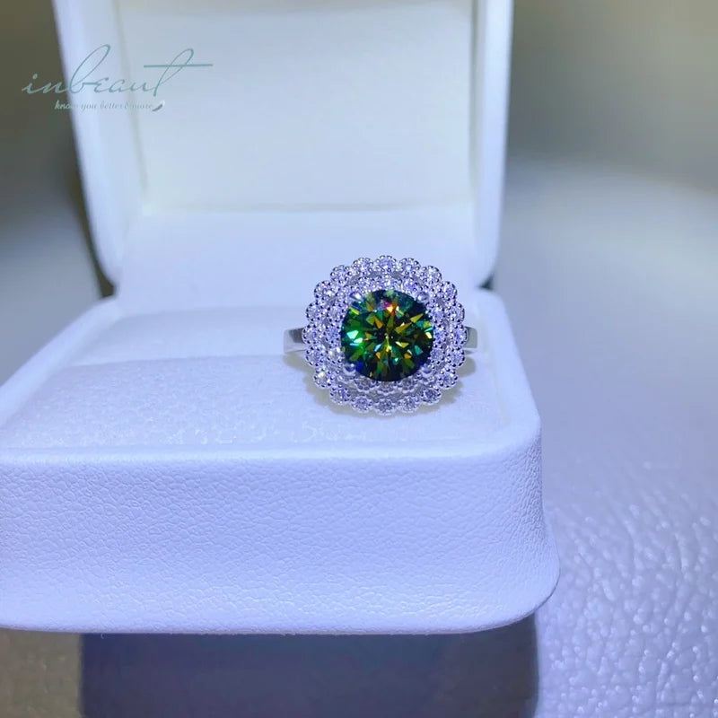 Silver 925 Original Brilliant Cut 2 Carat Diamond Test Past Green Moissanite Blossom Cushion Ring for Women Gemstone Jewelry