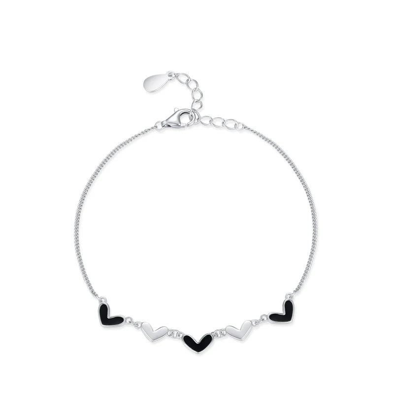 Fashion Unique Black Enamel Bracelet 925 Sterling Silver Rhodium Plated Hand Jewelry love Heart Tennis Bracelet