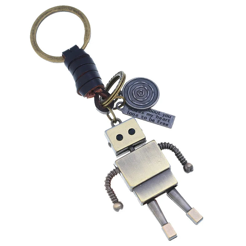 New Arrival Men's Trinket Metal Robot Crafts Cartoon Keychain Woven Genuine Leather Keyring
