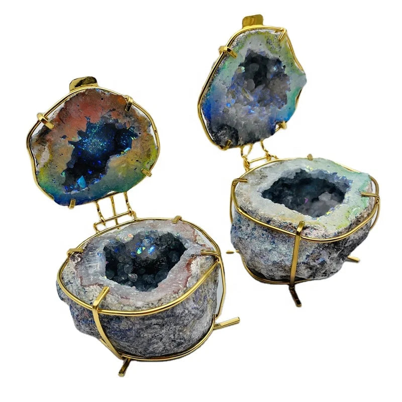 Electroplate Natural Raw Crystal Quartz Aura Angel Agate Geode Ring Box Stone Jewelry Box for Gift