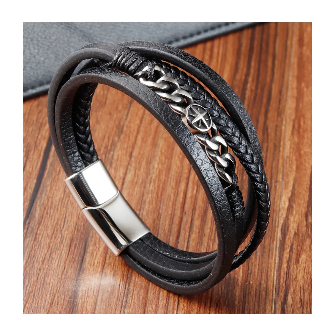 Stainless Steel Locks Engraved Trendy Men Genuine Leather Corded Wrap Bracelet for Engraving Bracelets Wholesale Birthday Gift