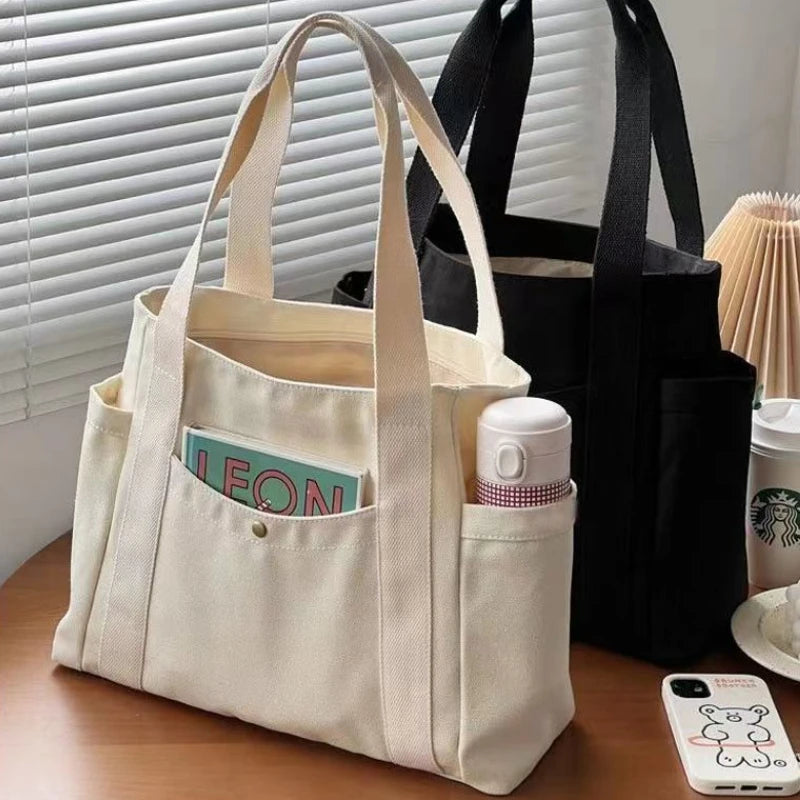 Simple Solid Color Canvas Women Handbag Fashion Large Capacity Female Shoulder Bags Leisure Travel Multi-Bag Ladies Tote Purse