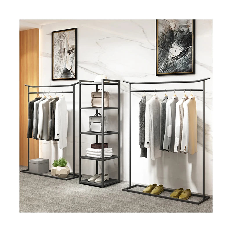 Women  Men Clothing Store Clothing Display Stand Retail Portable Metal Black Clothes Display Rack for Shop