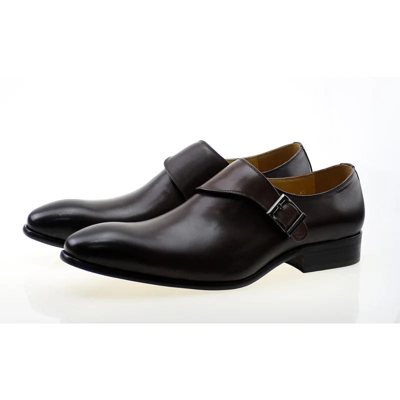 Classic Buckle Monk Lace Men's Dress Shoes Business Formal Brown Black Pointed Toe Leather Shoes for Wedding Strap Closure