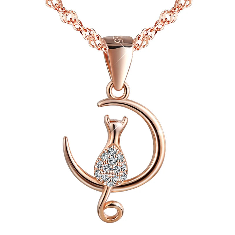 Simple Zircon Inlaid Cat on the Moon Pendant S925 Sterling Silver Rose Gold Pendant Necklace for Women